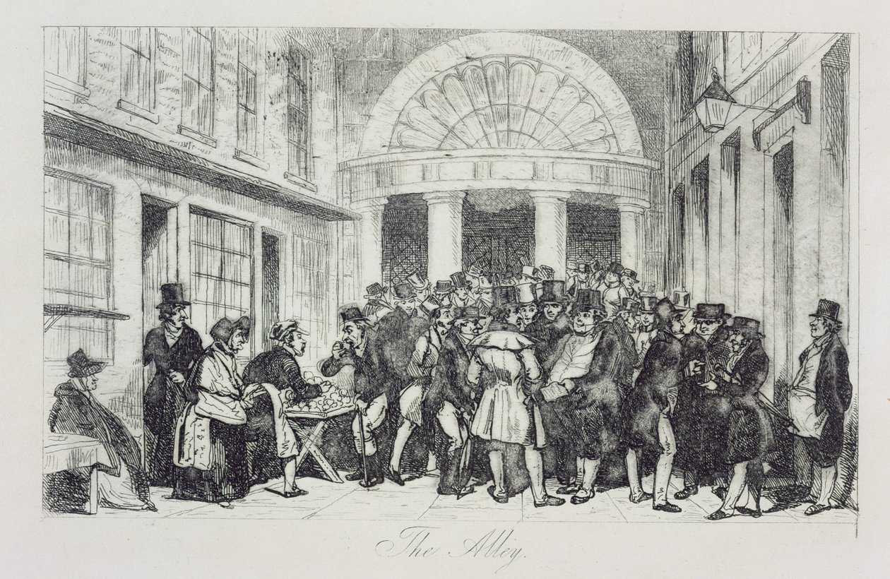 „The Alley”, Zsemle eladó a Londoni Értéktőzsde bejáratánál, Capel Court, 1850 körül (rézkarc) alkotó: Unbekannt