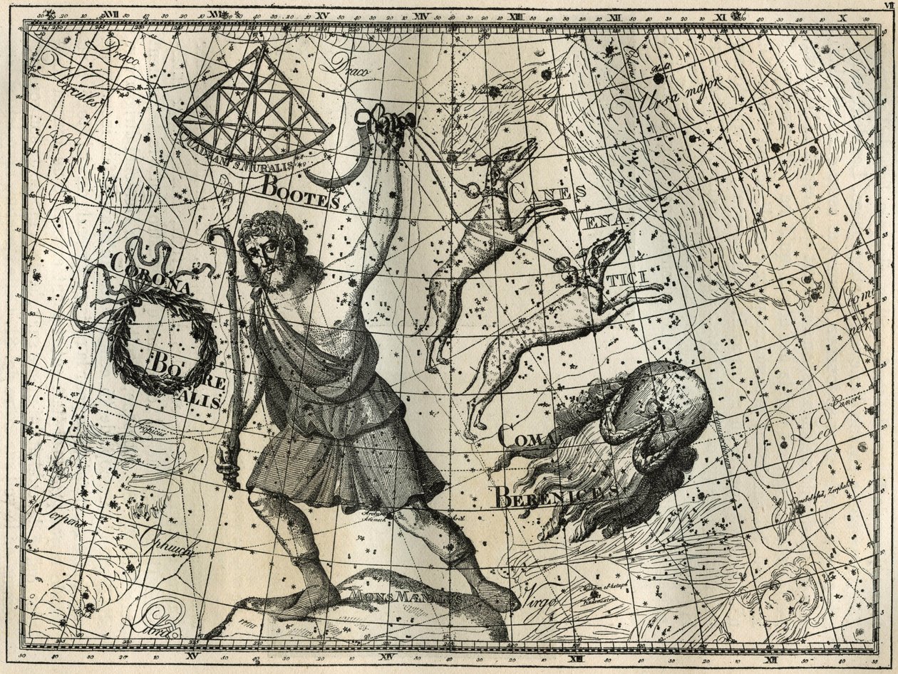 A Bower, a Boreal Crown, a vadászkutyák, Berenice haja. Metszet Camille Flammarion „Az ég csillagai és egyéb érdekességei” című művéből alkotó: Unbekannt
