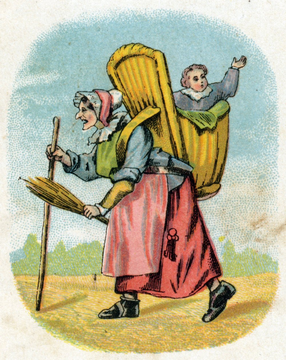 A barát anya. Öregasszony iskolavezető iskolás fiú hordtáskával. Metszet „Alphabet des petits ecoliers” felirattal. Az Epinal képalkotása, 1885 körül. Privee Collection alkotó: Unbekannt