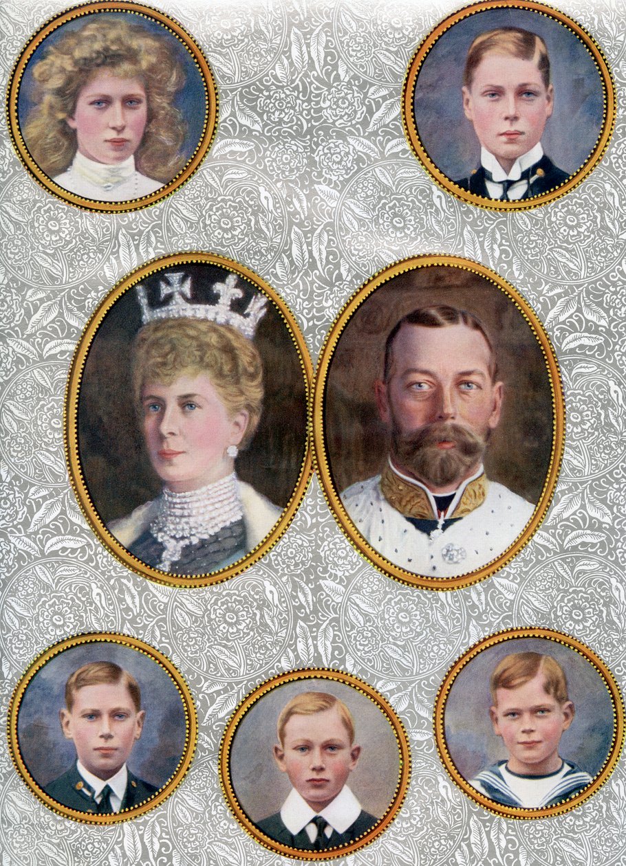 A brit királyi család 1910-ben. Balról felülről Mária hercegnő, királyi hercegnő és Harewood grófnő,1897 1965. A walesi herceg, a későbbi VIII. Edward alkotó: Unbekannter Künstler