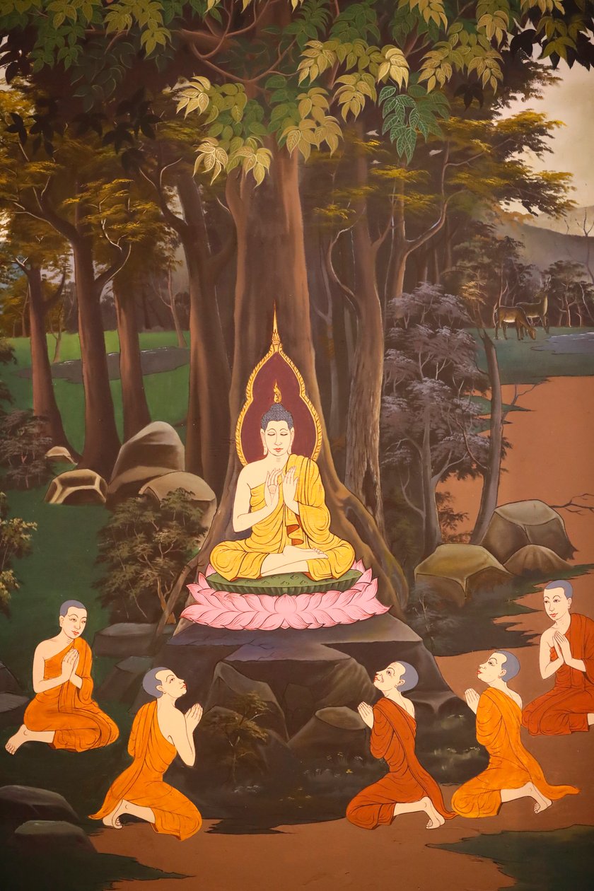 Buddha első prédikációját tartotta az öt szerzetesnek, falfreskó, Wat Botum templom, Phnom Penh, 2022 (fotó) alkotó: Unbekannter Künstler