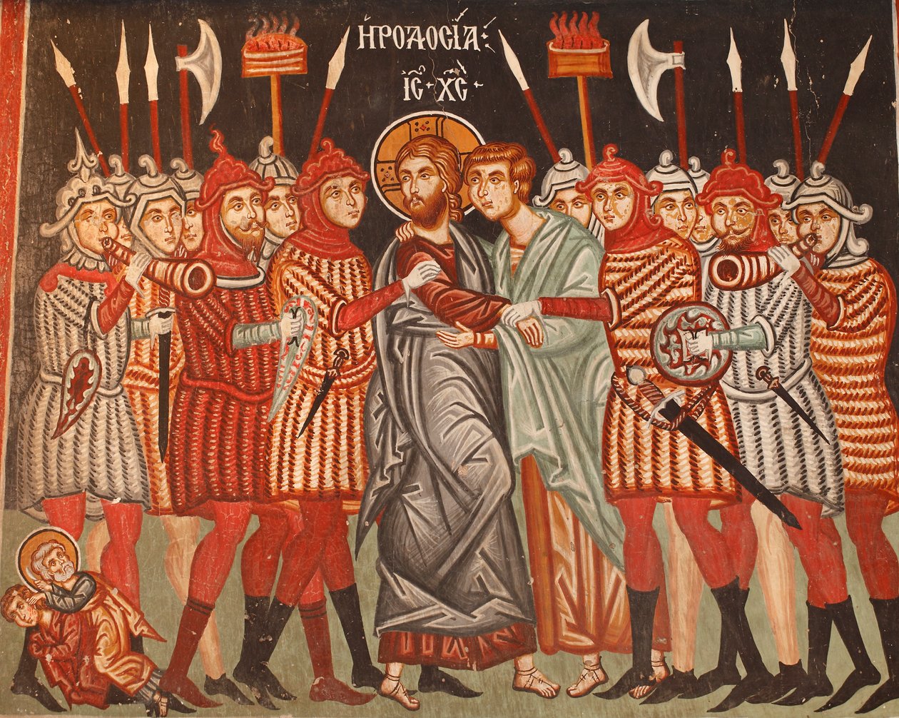 Bizánci freskó a 15. századból Júda árulása és Jézus Mihály arkangyal letartóztatása Pedoulas-ban Ciprus Festett templomok UNESCO-hely Troodos, Ciprus alkotó: Unbekannt