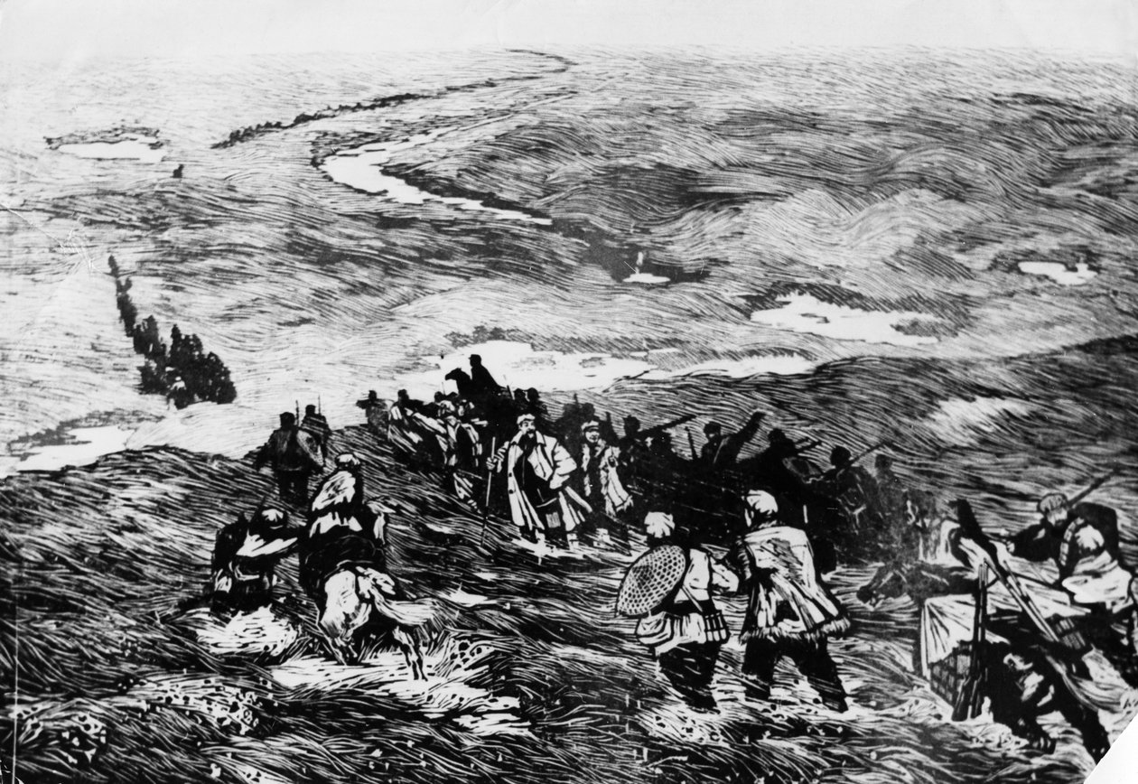 A kínai Vörös Hadsereg áthalad a mocsaras területen. Li Huan-min fametszete. A Vörös Hadsereg 1935-ben átkel a mocsaron alkotó: Unbekannt