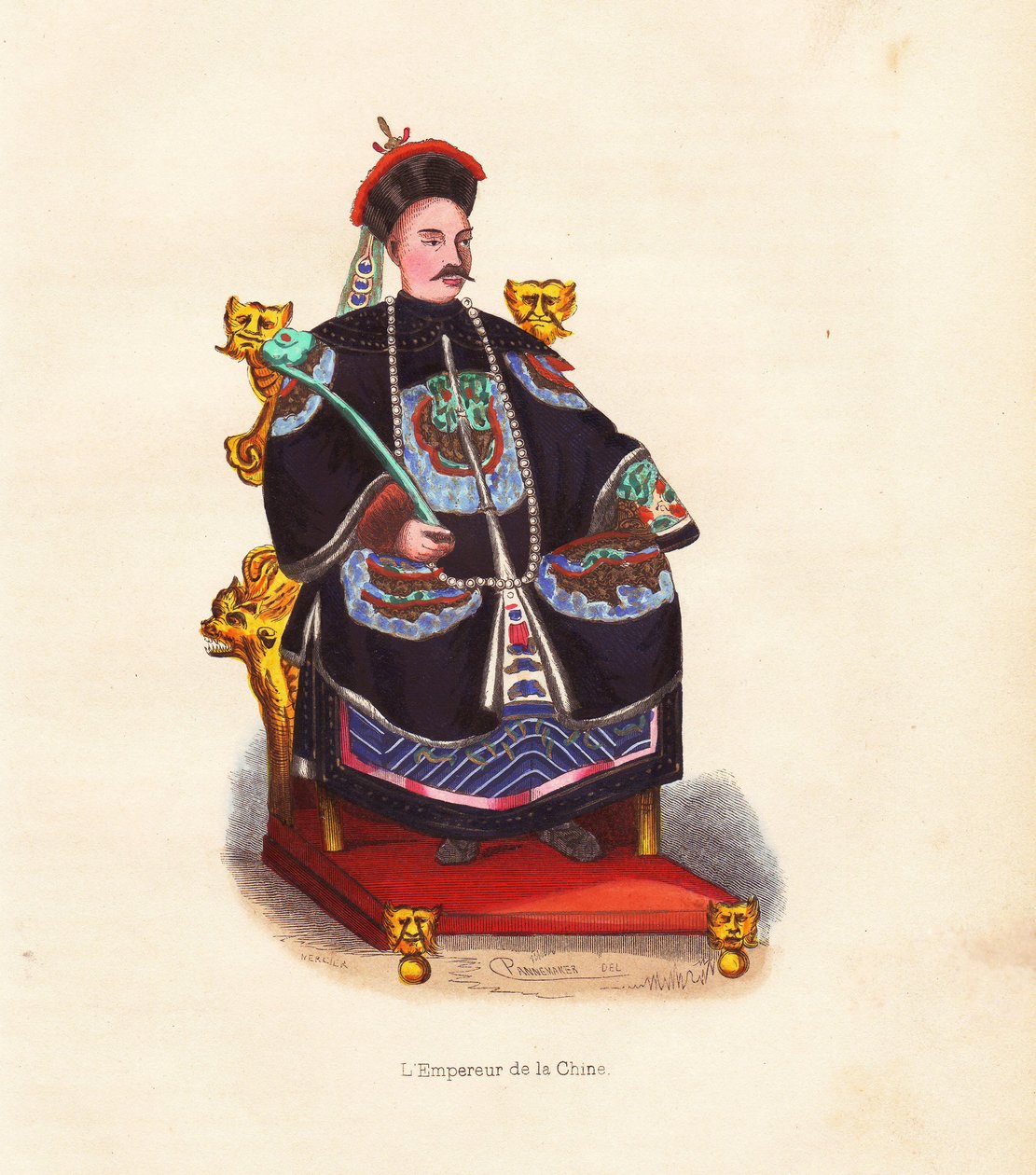 A kínai császár hímzett köntösben és pávatollas kalapban ül a trónján. Mercier kézi fametszete Pannemaker illusztrációja után Auguste Wahlen "Mores, Uses et Costumes de tous les Peuples du Monde" című művéből, Librairie Hist. alkotó: Unbekannter Künstler