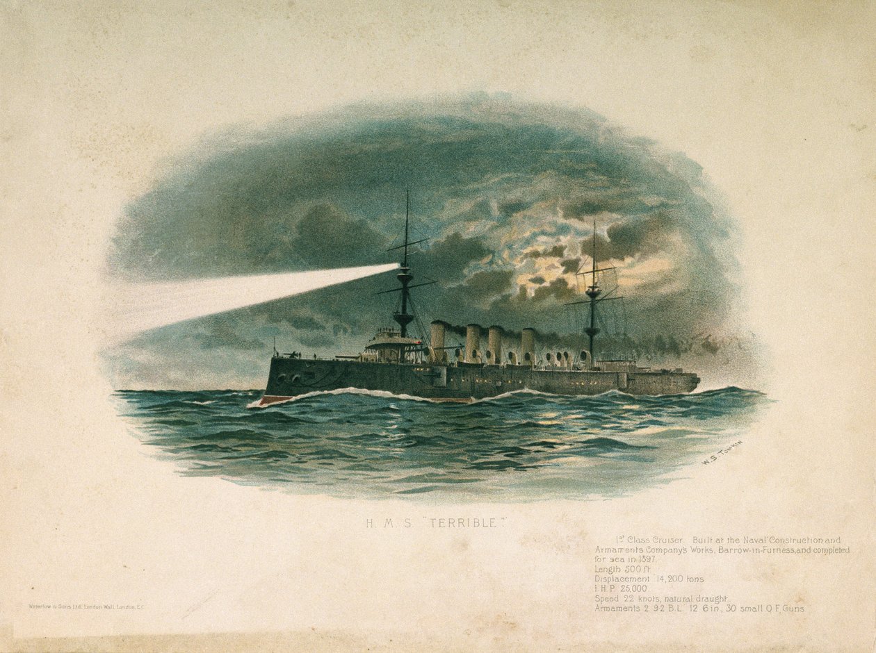 A HMS "Terrible", egy első osztályú cirkáló, amelyet a Barrow in Furness Shipbuilding and Arms Company épített 1897-ben. Kromolitográfia a 19. század végén, W.S. Tomkin () munkája. alkotó: Unbekannter Künstler