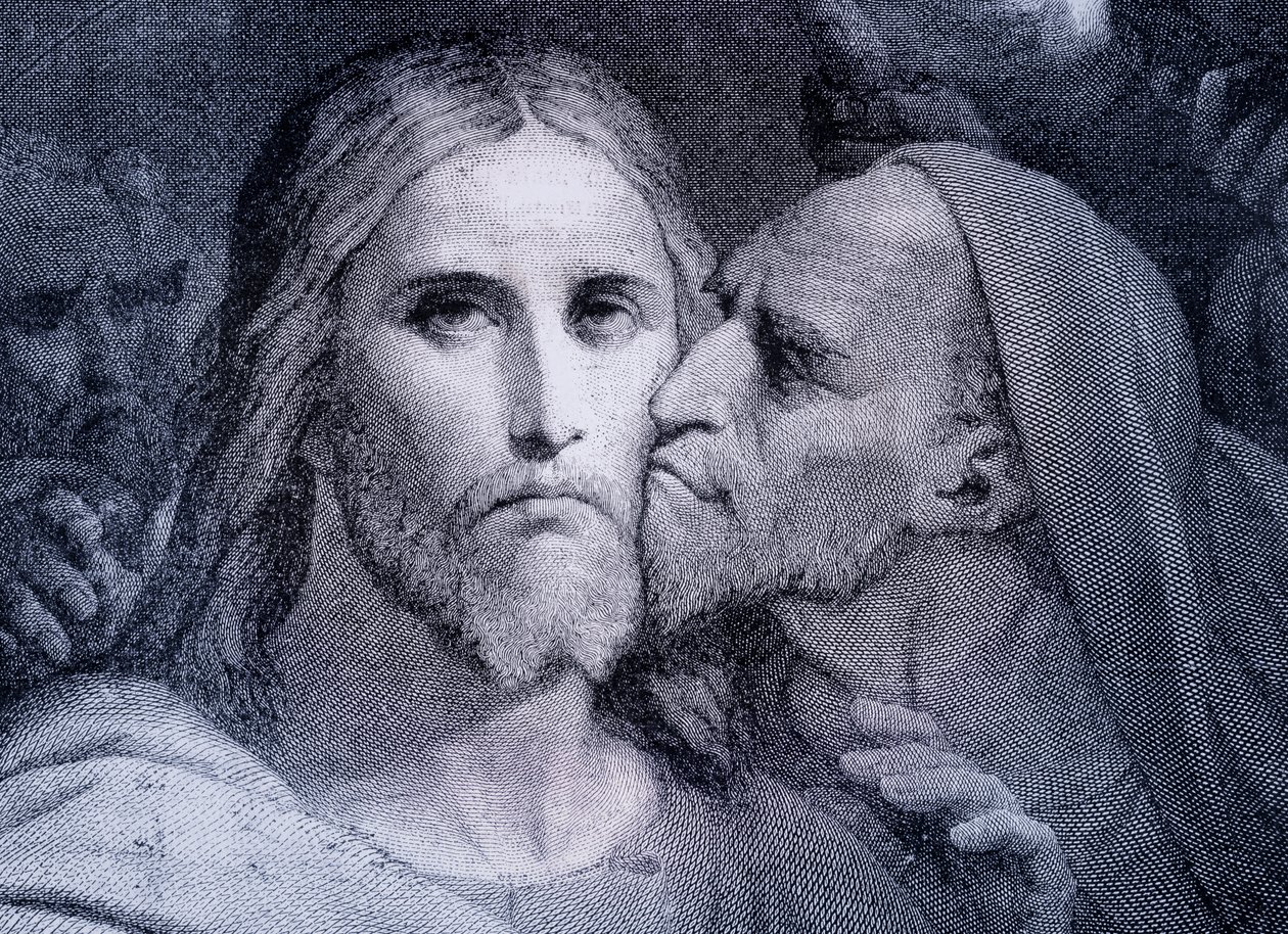 A csók – Iskarióti Júdás megcsókolja Jézus Krisztust a Gecsemáné kertben, az „El Mundo Ilustrado”-ból, Barcelonában, 1880 körül alkotó: Unbekannt