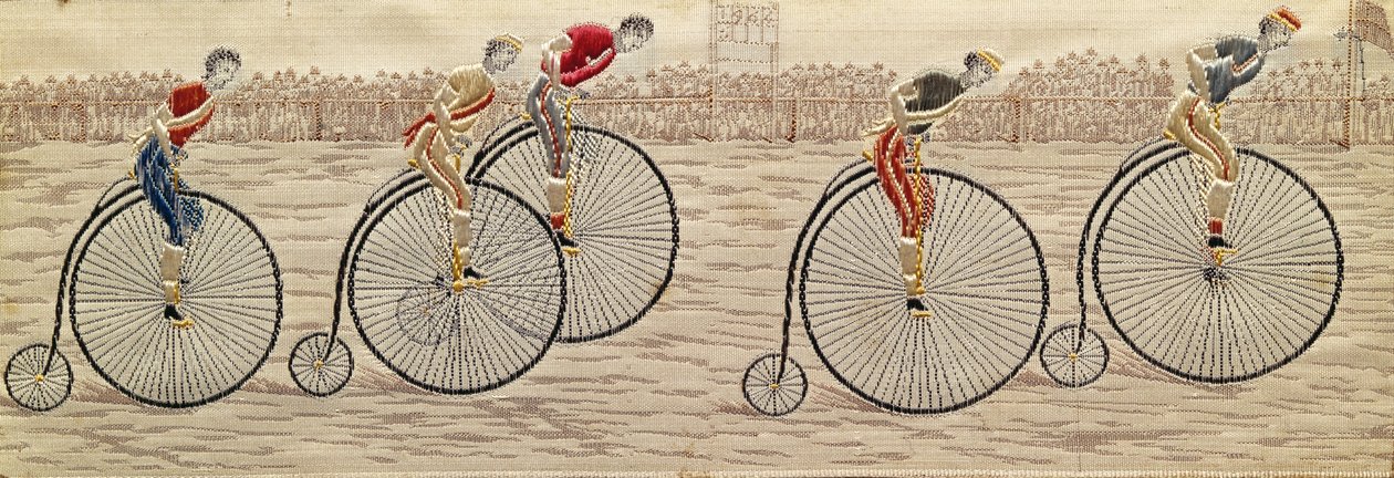The Last Lap, Penny Farthing Race, selyem Stevengraph, Thomas Stevens of Coventry, Coventry alkotó: Unbekannter Künstler