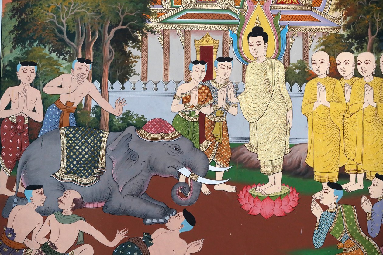 A Buddha élete, Egy vad elefánt, akit szerető kedvesség szelídít meg, falfreskó, Wat Maniratanaram kolostor, Phnom Penh, 2022 (fotó) alkotó: Unbekannter Künstler