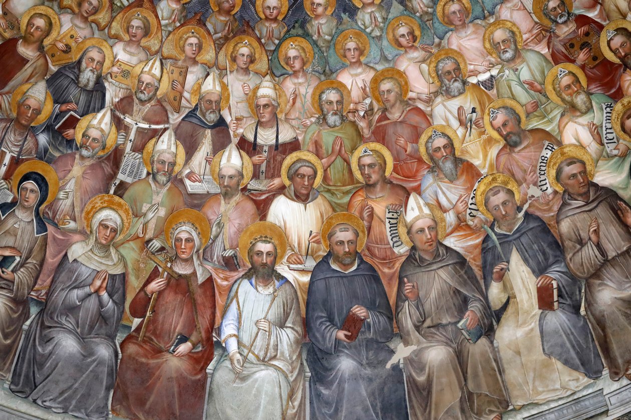 A padovai keresztelőkápolna. Giusto de Menabuoi 14. századi mennyezeti freskói. A paradicsom. Krisztus áldása pátriárkákkal, prófétákkal és szentekkel. Részlet. Padova. Olaszország. (fénykép) alkotó: Unbekannt