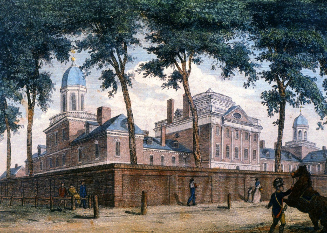 A philadelphiai Pennsylvania kórház, 1800 körül (metszet) alkotó: Unbekannter Künstler