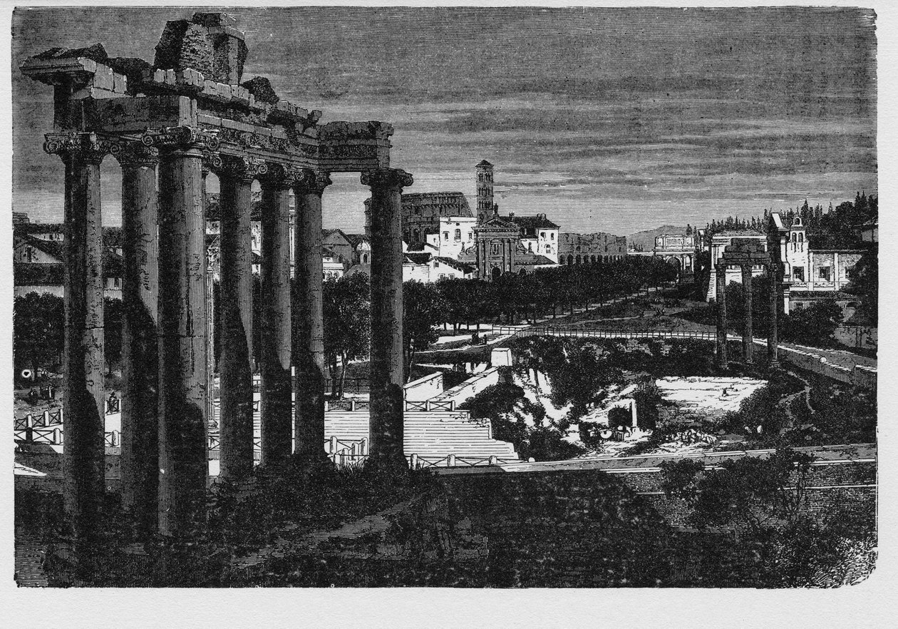 A Forum Romanum több fontos ókori kormányzati épület romjaival körülvéve Róma városának központjában. Az ókori város polgárai Forum Magnumként vagy egyszerűen Fórumként emlegették ezt az eredetileg piacteret. alkotó: Unbekannt