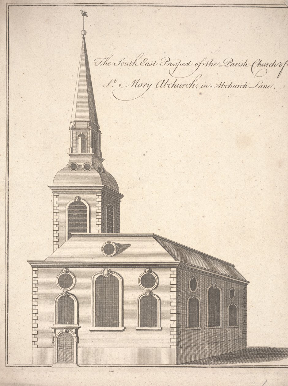 A St. Mary Abchurch plébániatemplom délkeleti kilátása, Abchurch Lane, 1740 körül (metszet) alkotó: Unbekannter Künstler