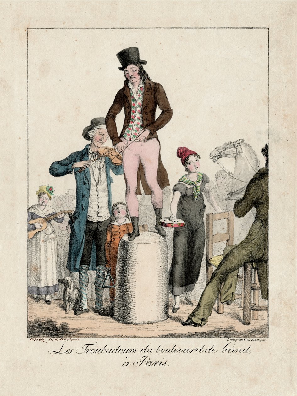A Boulevard de Gand trubadúrjai, Párizs, 1820 körül (metszet) alkotó: Unbekannter Künstler