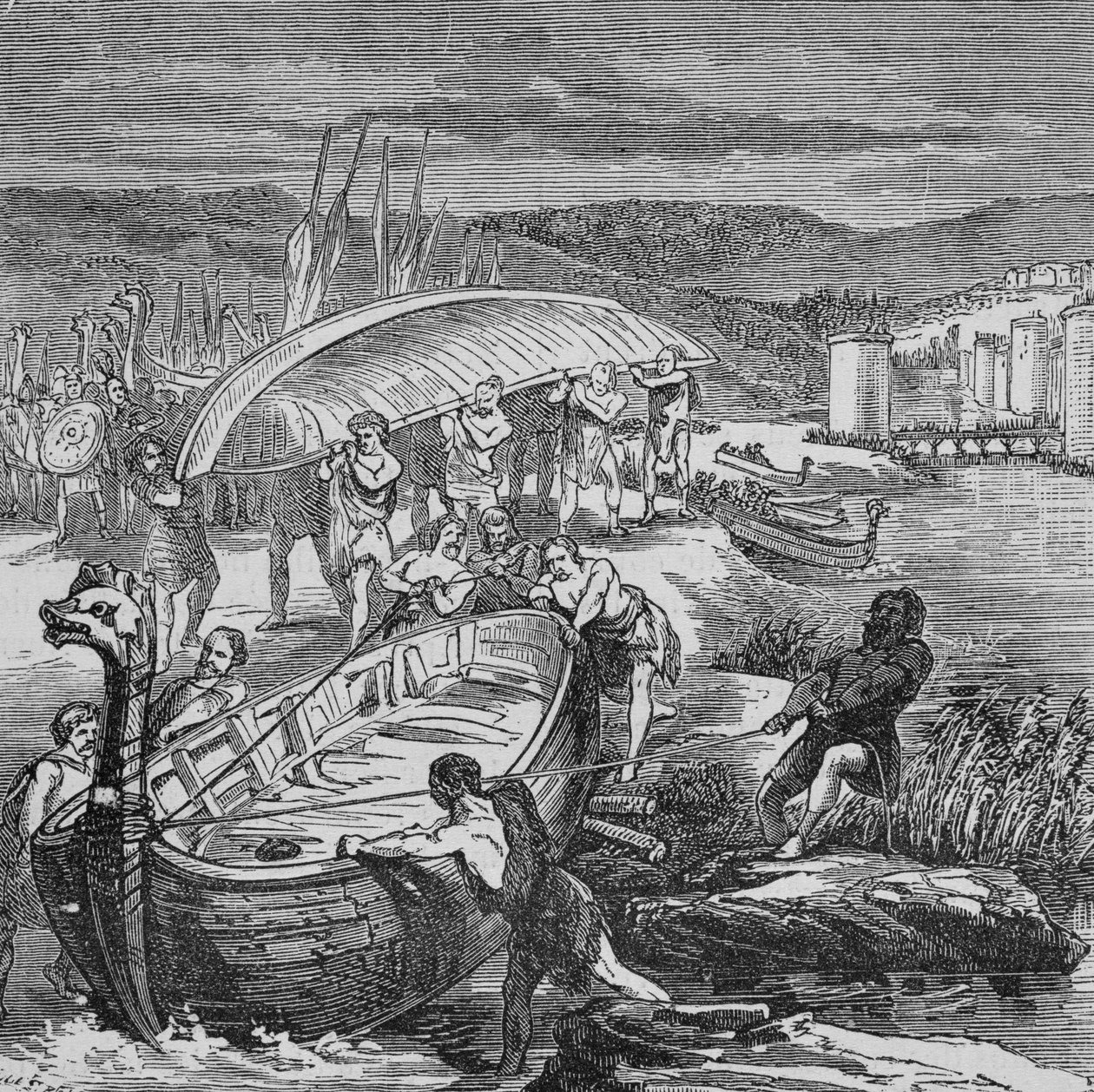 A vikingeknek ki kellett húzniuk a hajóikat a vízből, és szállítaniuk kellett őket, hogy megkerüljék a fogadásokat (metszet). alkotó: Unbekannter Künstler