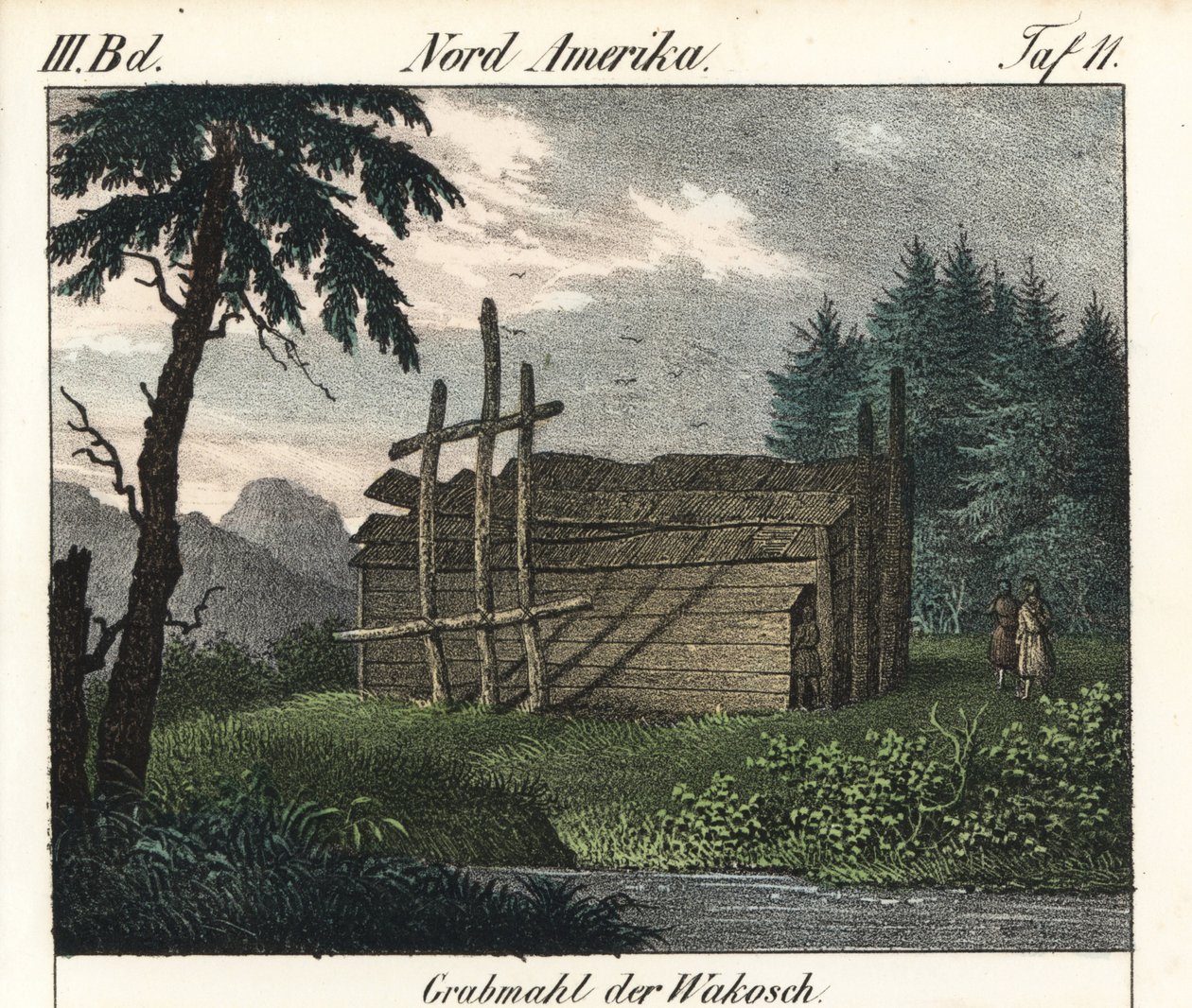 A wakashan indiánok fás sírja (Kanada). A könyv litográfiája: Friedrich Wilhelm Goedsche (1785-1863) "Galerie complete en tableaux fideles des peuples d