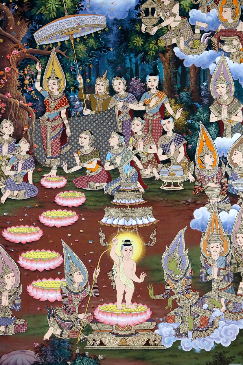 A csecsemő Sziddhárta születése, falfreskó, Wat Maniratanaram kolostor, Phnom Penh, 2022 (fotó) alkotó: Unbekannter Künstler
