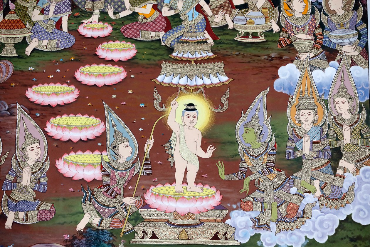 A csecsemő Sziddhárta születése, falfreskó, Wat Maniratanaram kolostor, Phnom Penh, 2022 (fotó) alkotó: Unbekannter Künstler