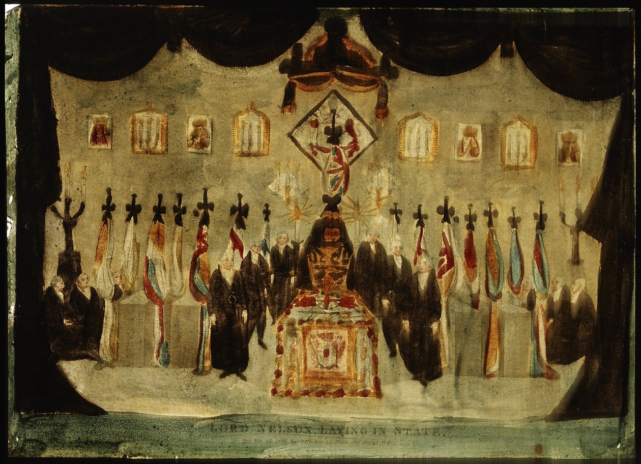 Horatio Nelson (1758-1805) holtteste a Greenwich-i Királyi Tengerészeti Főiskola festett termében pihen a temetés harmadik napján, a koporsót borító fekete lepedőt leveszik, és fekete ruhás őrök állnak a koporsó két oldalán. alkotó: Unbekannter Künstler
