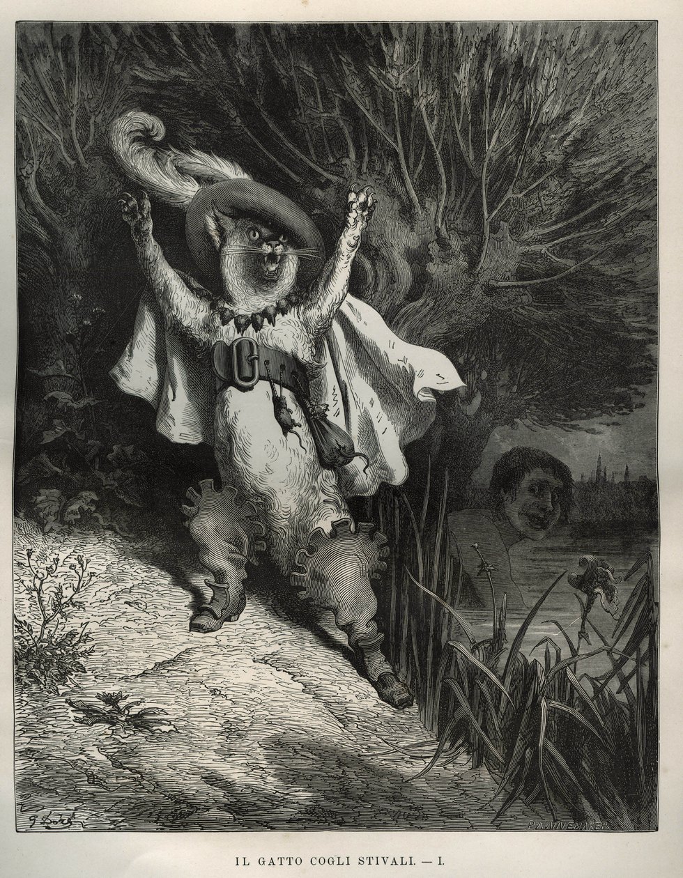 A csizmacska segítséget kér. Gustave Dore (1832-1883) metszete Charles Perrault (1628-1703) „Les contes” című könyvéből alkotó: Unbekannt