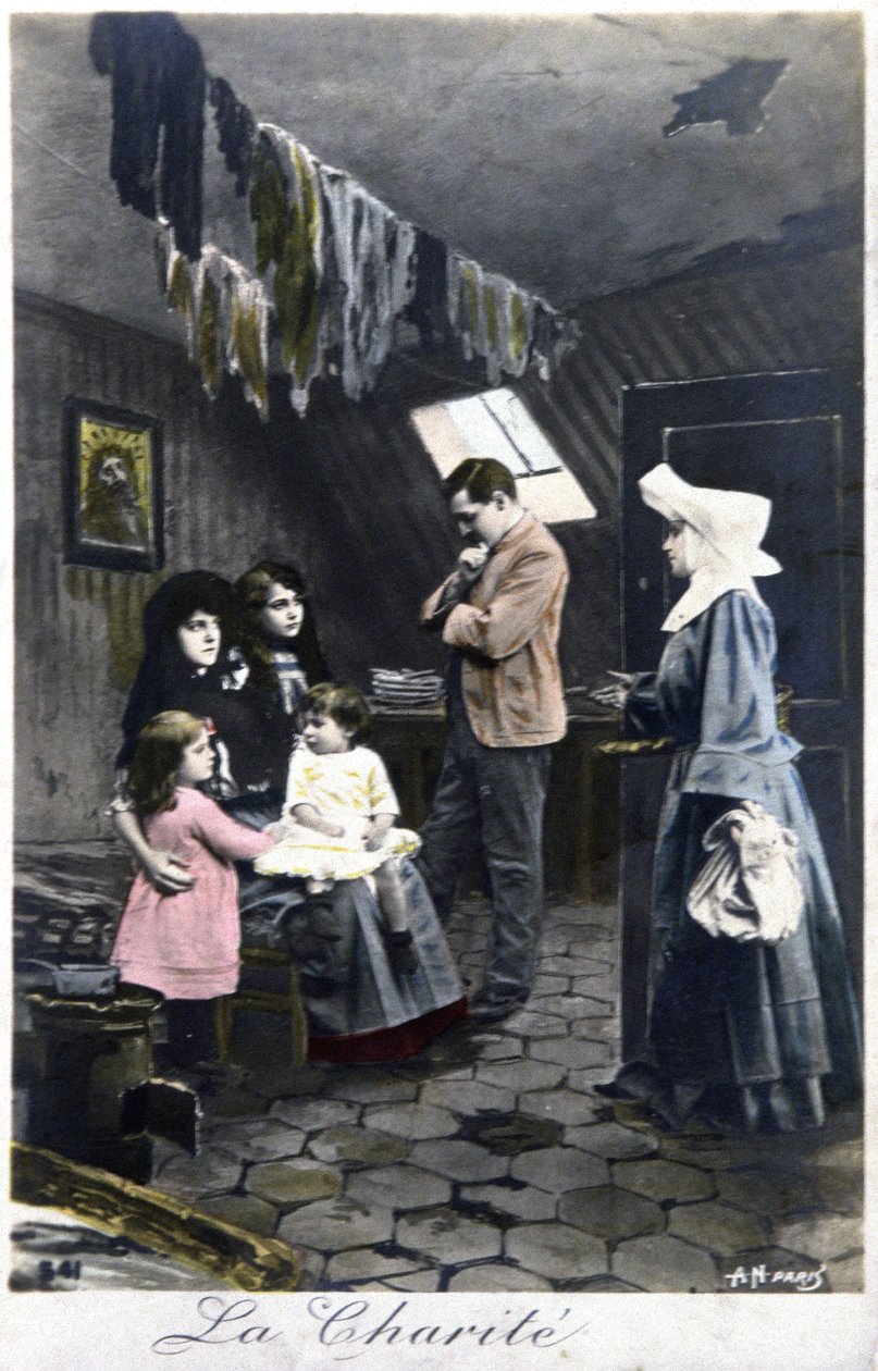 A jótékonyság : szegényeket látogató apáca, 1910 körül (képeslap) alkotó: Unbekannter Künstler