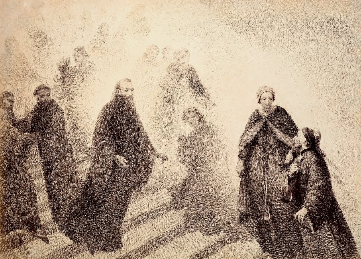 Damján Péter szemlélődő szelleme egy arany létráról száll alá, Dante felé haladva. Illusztráció Dante Alighieri Isteni komédiája Paradiso című művének XVI. énekéhez. Francesco Scaramuzza műve, amelyet a firenzei önkormányzatnak szentelt. alkotó: Unbekannter Künstler