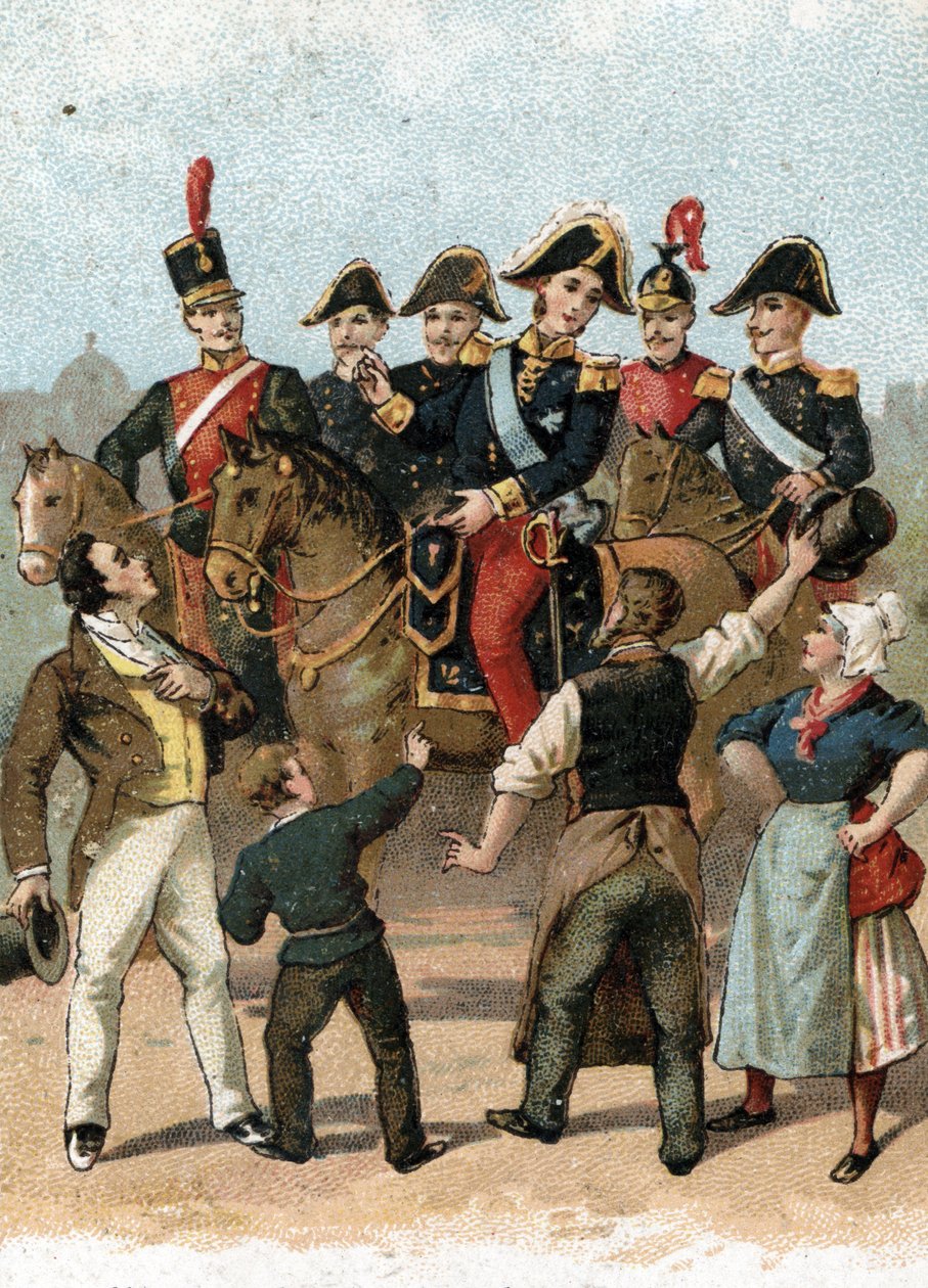 X. Károly király (1757-1836) 1824-es párizsi bevonulása, amikor azt kiáltja, hogy "Franciaországban egyáltalán nincs változás". 19. század (kromolitográfia) alkotó: Unbekannter Künstler