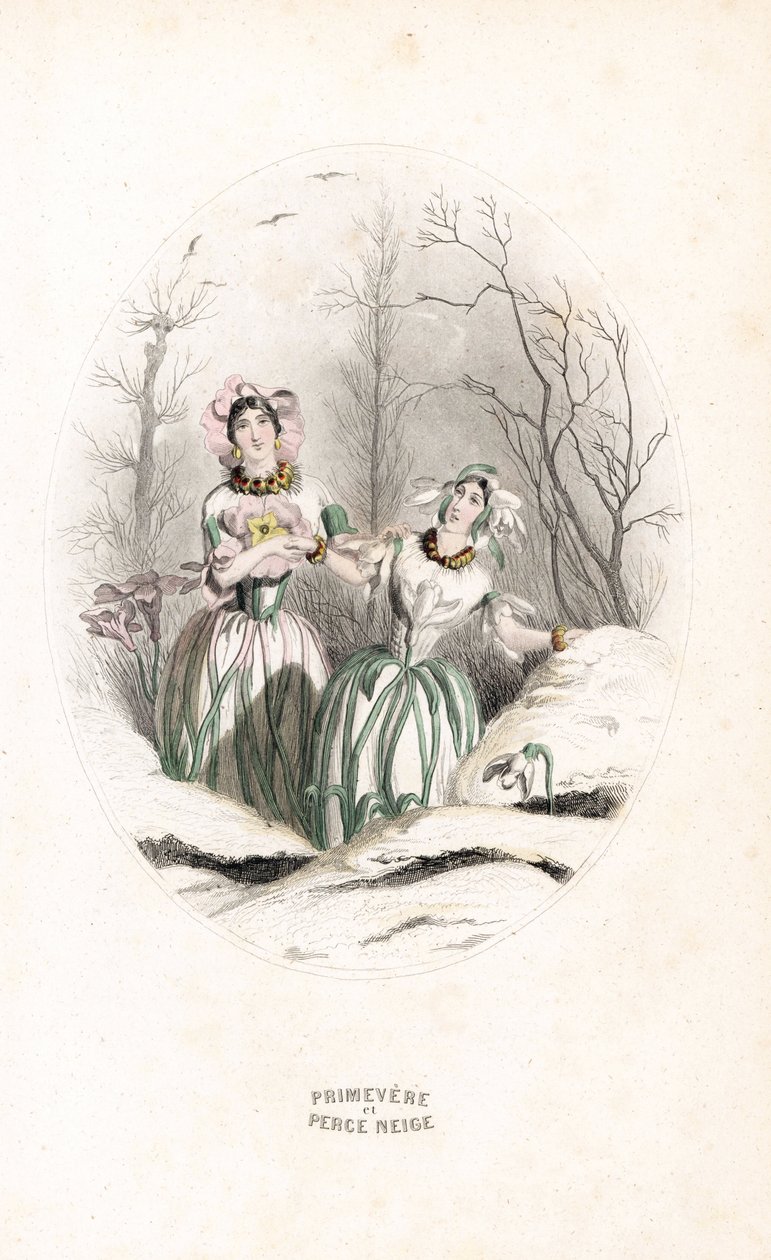 A díjak átütik a havat és primevere egy havas tájban - Eau forte, Charles Geoffroy (1819-1882), Jean Ignace Isidore Gerard dit J.J.J.J.Granville (1803-1847) illusztrációja alapján, Les fleurs animees című művéhez. alkotó: Unbekannter Künstler
