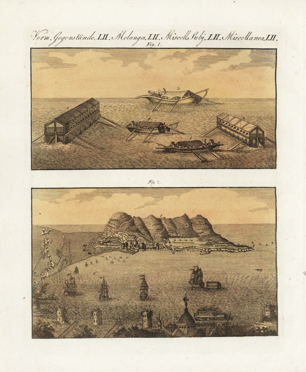 A brit hadsereg úszó ütegei Gibraltárban 1782-ben. Egy 210 ágyúval felszerelt, két szintes uszály és egy másik egyszintes uszály, amelyet Arcon francia mérnök tervezett a város bombázására. A brit haditengerészet úszó ütegei Gibraltárban. alkotó: Unbekannter Künstler