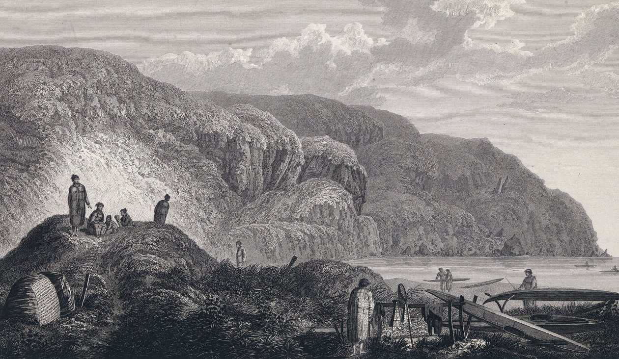 Oonalashka (vagy Unalaska, Alaszka, Egyesült Államok) lakói és lakóhelyük. Metszet a 18. század végén, John Webber (1751-1793) nyomán. alkotó: Unbekannter Künstler