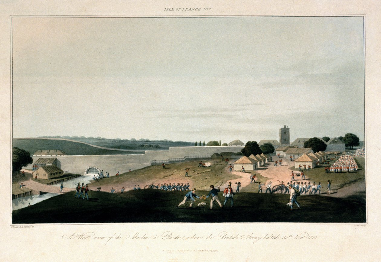 Az Île de France (Mauritius), a pondre-i malom nyugati nézete, ahol a brit hadsereg 1810. november 30-án állomásozott. Színes metszet alkotó: Unbekannter Künstler