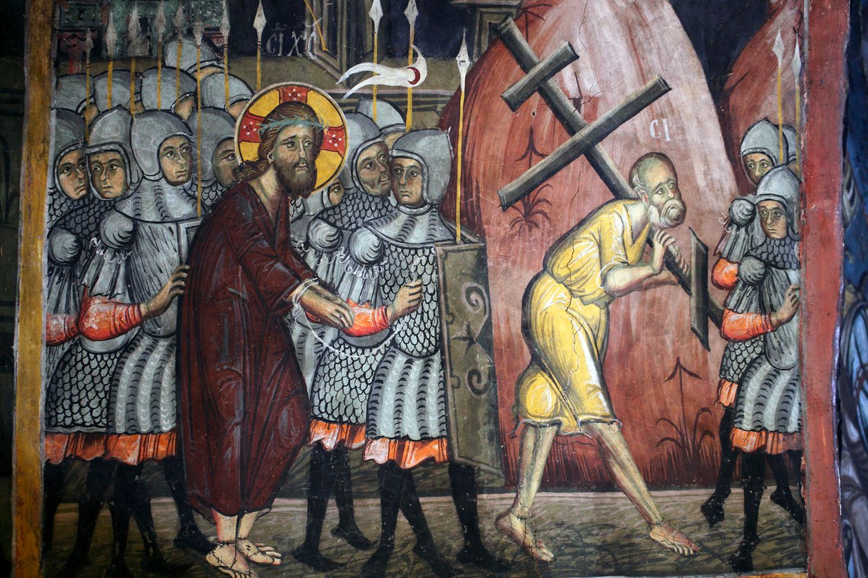 Simon Krisztus szenvedélye a kereszt bizánci freskója az Agios Ioannis Lampadistis kolostorból, Lampadistis Szent János kolostorból, 11. század Ciprus Festett templomok UNESCO-hely Troodos, Ciprus alkotó: Unbekannt