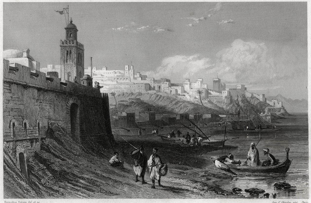 A 19. századi Tangier erődváros festői kikötője Louis Enault (1824-1900) francia újságíró és utazó Földközi-tengerről szóló könyvében. Louis Enault, LA MEDITERRANEE SES ILES ET SES BORDS, Morizot alkotó: Unbekannt