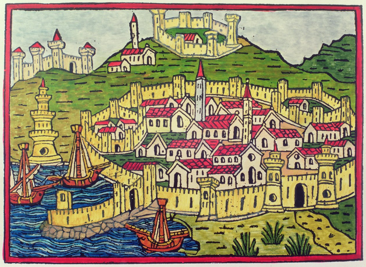 Nápoly kikötője és városa 1482-ben, a „Cosmographia Universalis”-ból (fatömbnyomat) alkotó: Unbekannter Künstler