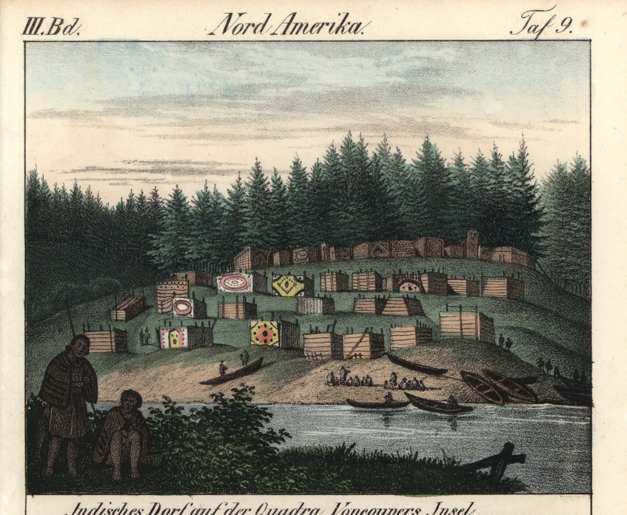 Az indiánok által festett faházakból álló falu a kanadai Vancouver-szigeten. Litográfia a könyvhöz: Friedrich Wilhelm Goedsche (1785-1863) "Galerie complete en tableaux fideles des peuples d