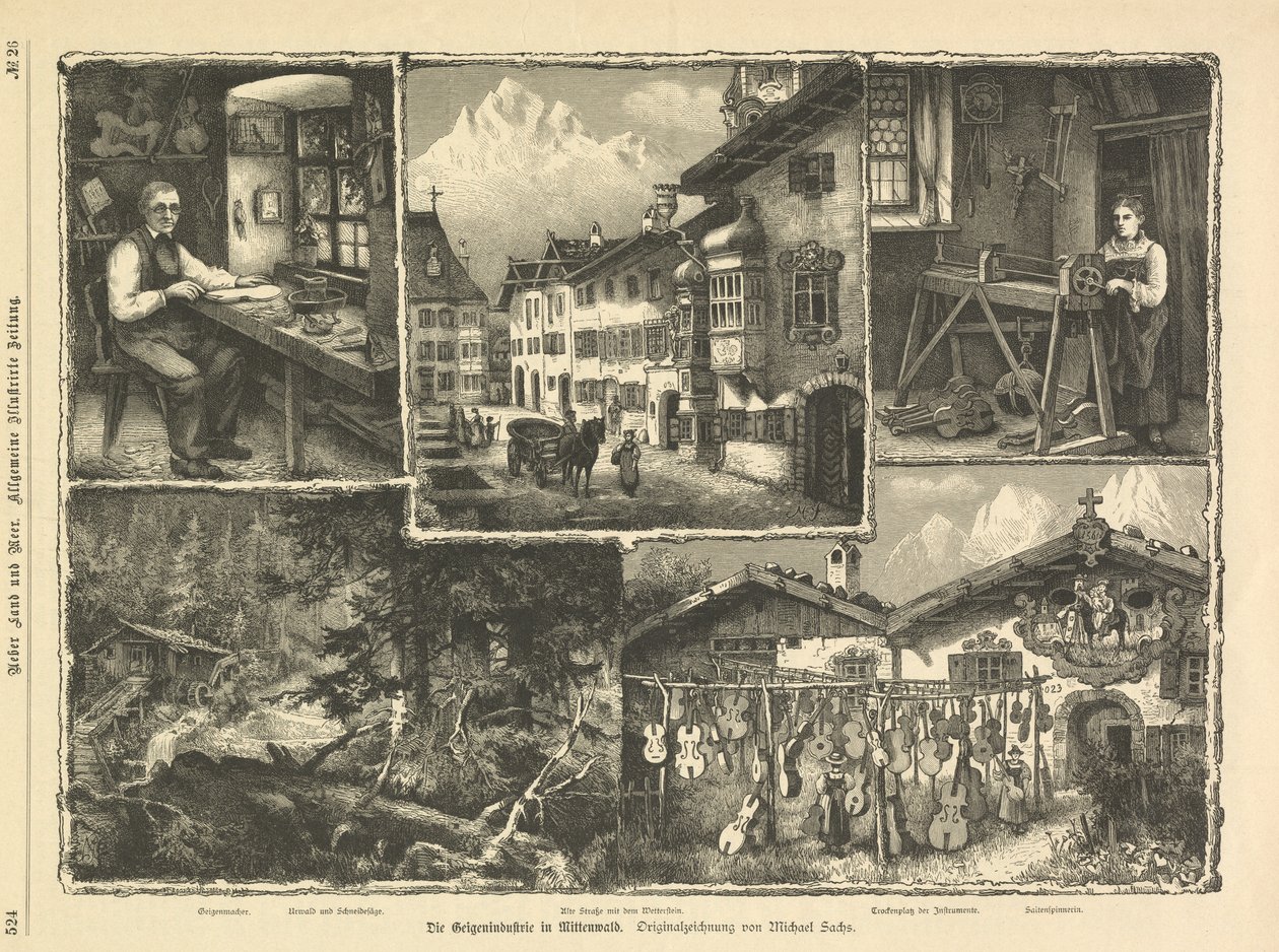 A hegedűipar Mittenwaldban, Stuttgartban 1882 (metszet) alkotó: Unbekannter Künstler