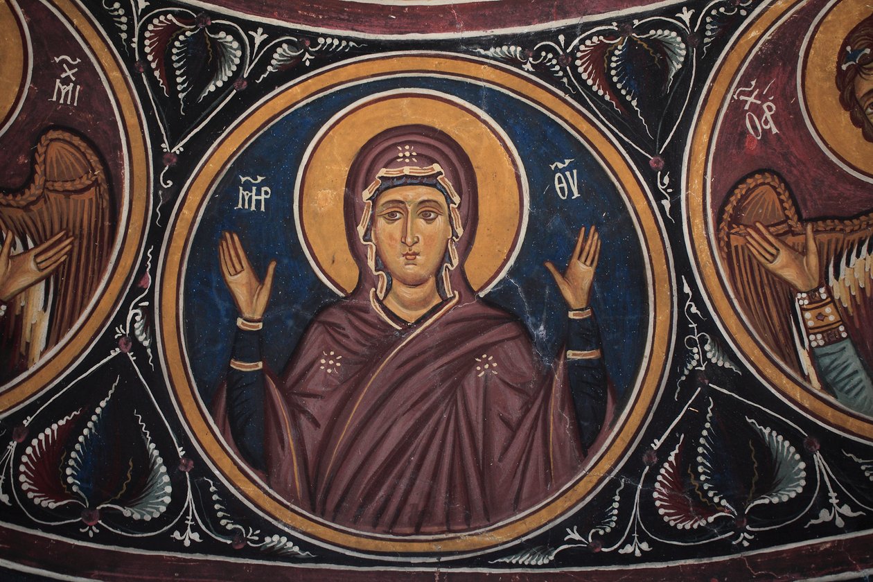 Szűz Mária-medál Krisztus körül és az utolsó ítélet részlete Asinou templom Narthex-boltozatának bizánci freskójának részlete Utolsó ítélet jelenete 14. század (1332) UNESCO, a kulturális világörökség része Troodos régió, Ciprus alkotó: William M. Timlin