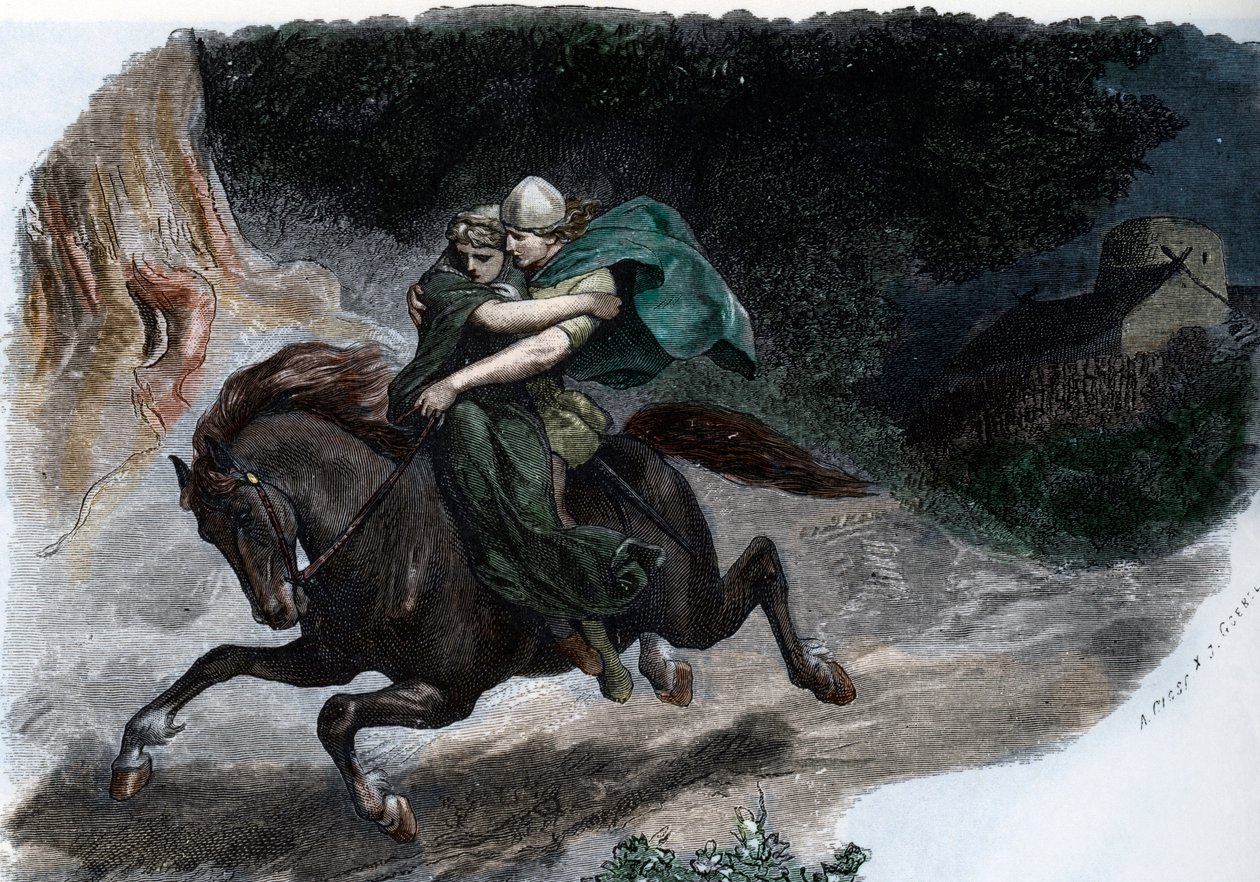 A germán Cherusci törzs hadvezére Arminius (Armenius) (Kr. e. 18- Kr. u. 21) elrabolja Thusneldát (Arminius (Hermann) a germán Cherusci törzs törzsfőnöke és felesége, Thusnelda) Metszet Johannes Scherr "Germania" című művéből 1880 Magángyűjtemény alkotó: Unbekannter Künstler