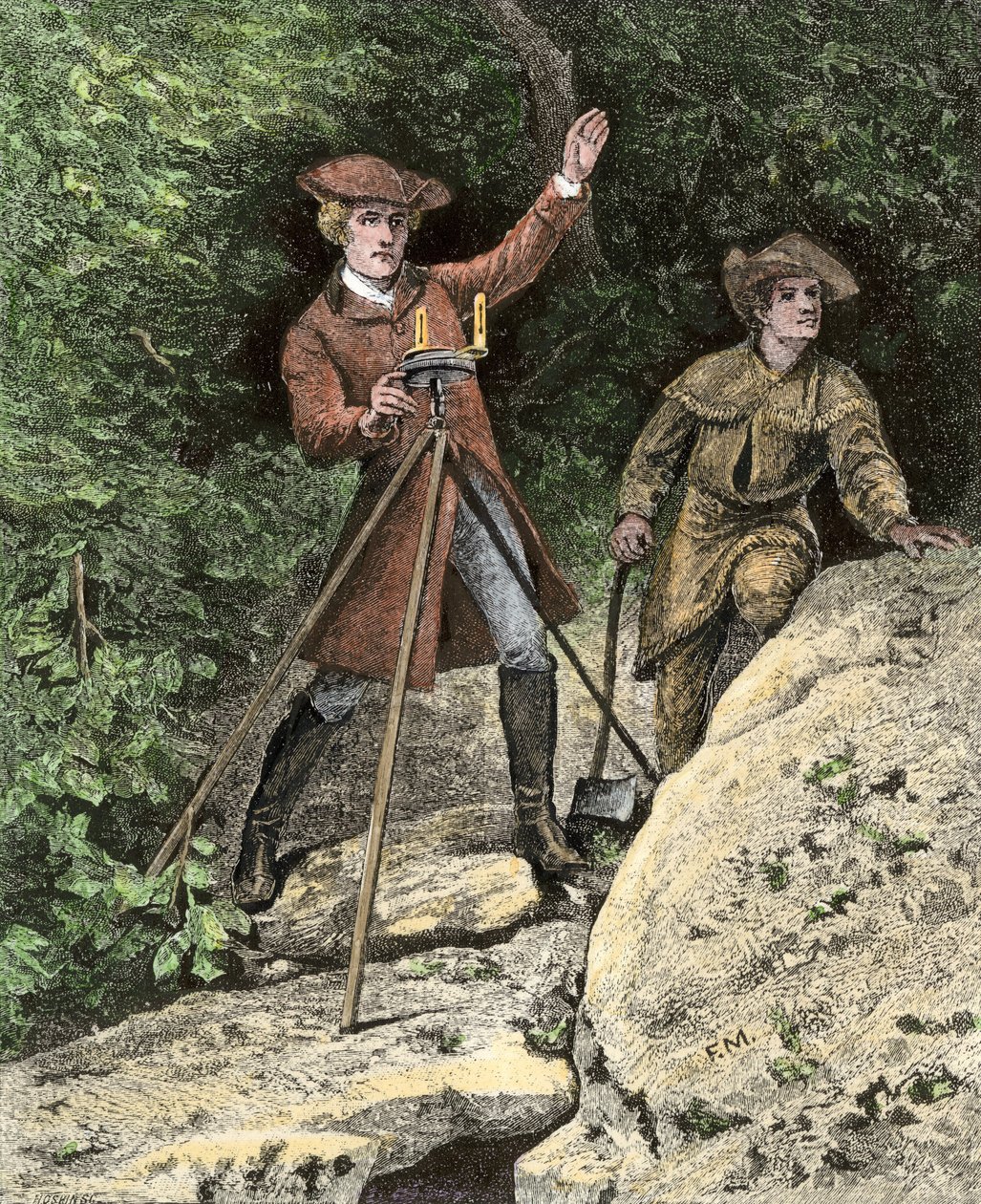 A fiatal George Washington (1732-1799) geométerként dolgozik Virginiában. Színező metszet a 19. századból. alkotó: Unbekannter Künstler