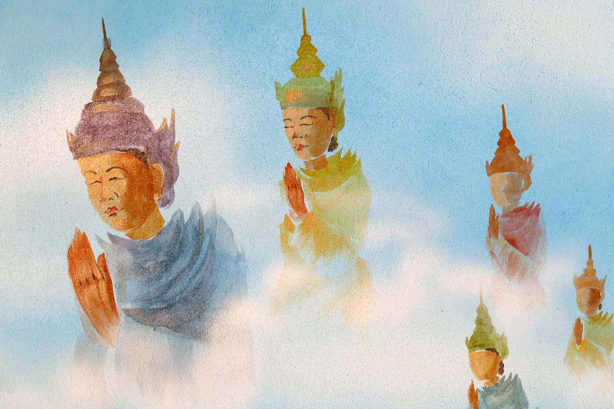 Thien Lam buddhista templom, falfestmény   Imádók.   Hue, Vietnam, 2019 (fotó) alkotó: Unbekannt
