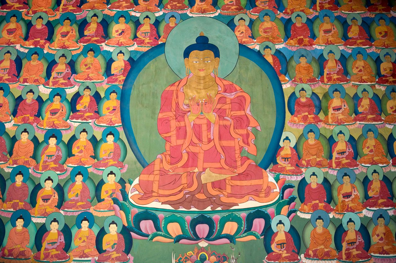 tibeti buddhizmus; falfestés; meditáló Buddha; sok kis Buddha; Chemre Gompa kolostor; Chemrey; Ladakh régió; Dzsammu és Kasmír; India; Dél-Ázsia; Ázsia alkotó: Unbekannt