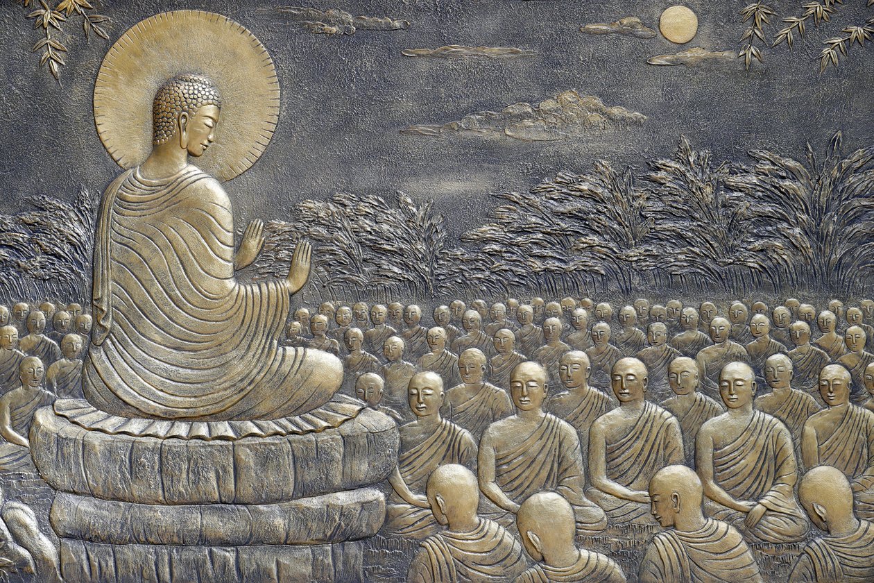 Tinh Xa Ngoc Chau buddhista templom, A Buddha élete, Siddhartha Gautama, Buddha a tanítványokkal, tanítás, Buddha arra buzdította első hatvan Arahant tanítványát, hogy menjenek különböző irányokba, hogy hirdesse a Tant,   Chau Doc, Vietnam, 2018 (ph alkotó: Unbekannt
