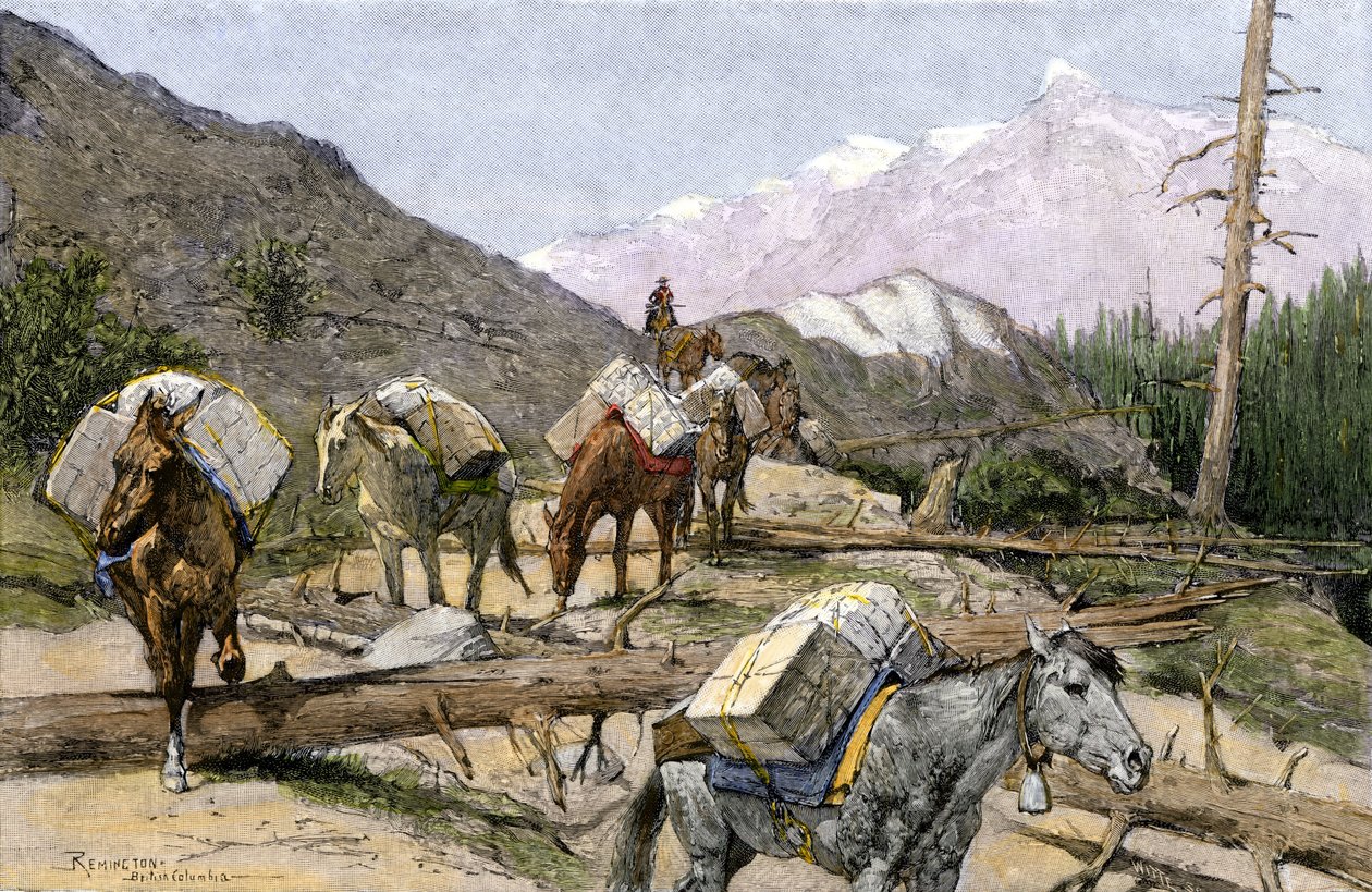 Ellátmányok és szőrmék szállítása lóháton a Sziklás-hegységben, USA. Frederic Remington illusztrációjáról. A Sziklás-hegységen keresztül ellátmányt vagy szőrmét szállító tehervonat. alkotó: Unbekannter Künstler
