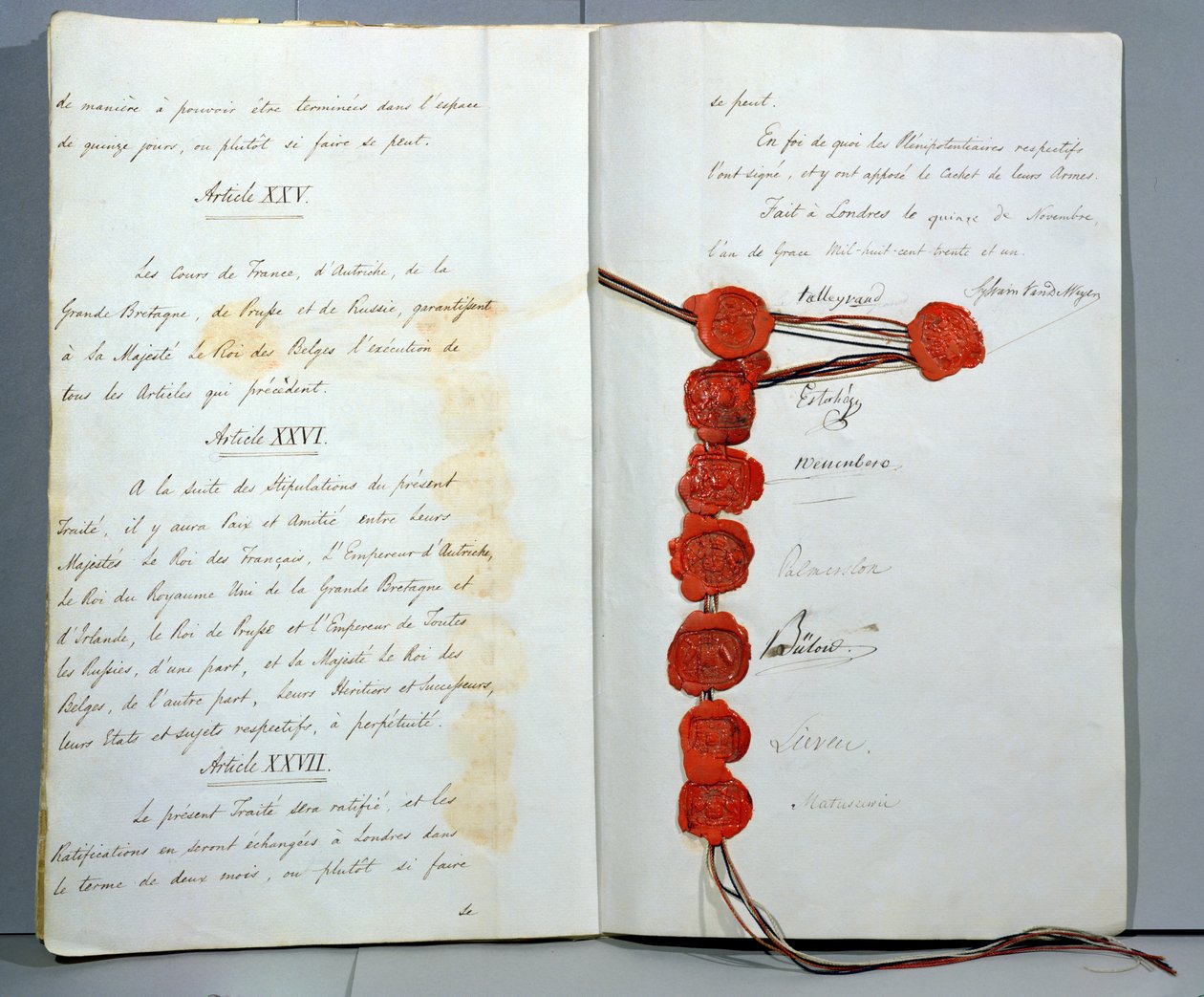Szerződés Belgium szuverén állam létrehozásáról, aláírva 1831. november 15-én a londoni konferencián (toll, tinta és viasz papíron) alkotó: Unbekannt