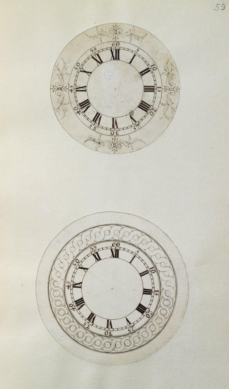 Két terv nagy zománcozott óraszámlapokhoz, John Harrison (1693-1776) és fia, William (c.1726-72) által összeállított mechanikai megjegyzésekből és rajzokból (toll és tinta papíron) alkotó: Unbekannt