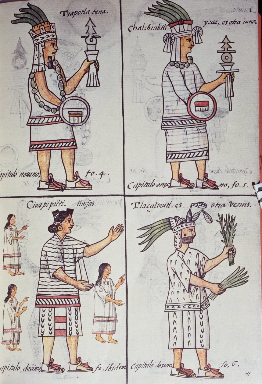 Tzapotlatena, Chalchiuhtlatonal, Cioapipitli és Tliltecuhtli, Firenzei kódex, kétnyelvű változat spanyol és nahuatl nyelven, Az új Spanyolország dolgainak általános története, Aztec alkotó: William M. Timlin