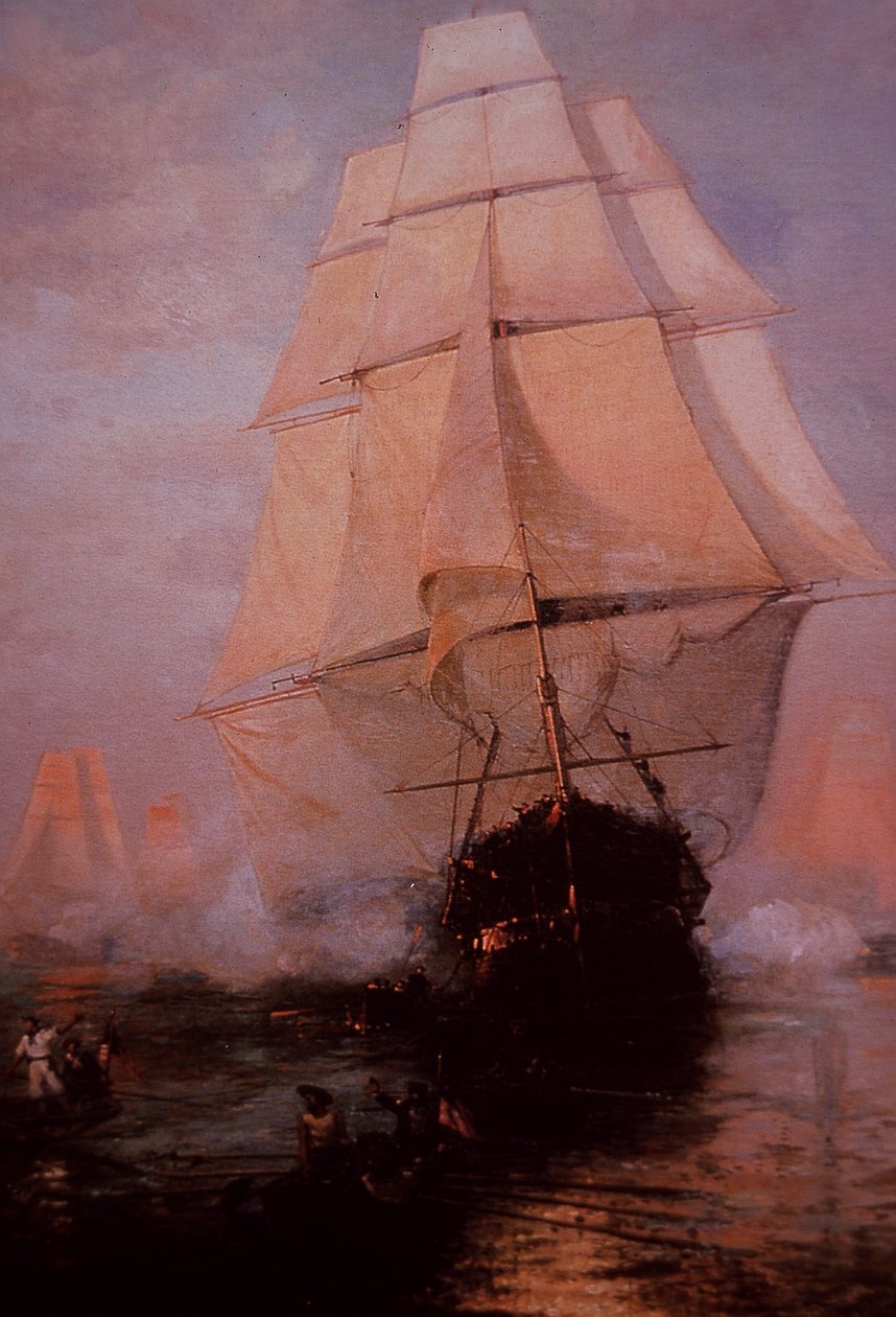 USS Constitution menekül a britek elől (színes litográfia) alkotó: Nicolas d