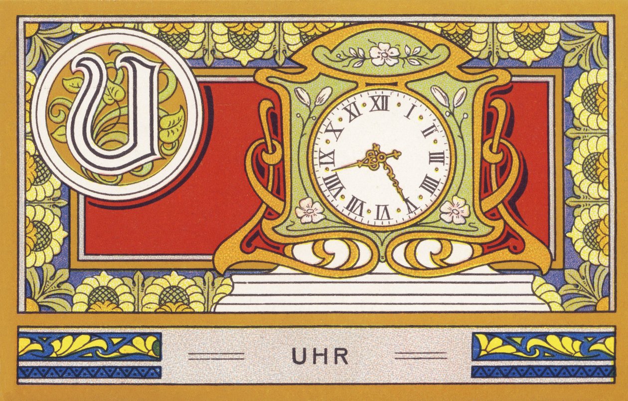 U: Óra - Alphabet Palmine. Kromolitográfiák sorozata, szerkesztette: H. Schlinck & Cie, Hamburg, p. d. . Palmin legfinomabb kókuszzsírjának reklámja. Méretek: 7 x 11 cm alkotó: Unbekannter Künstler