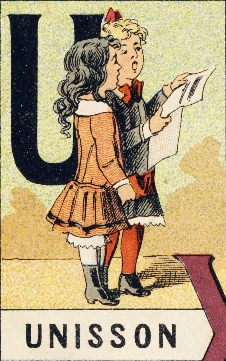 U: Unison - Az ABCD-ből vett metszet kislányokról. Pellerin & Cie, nyomda-kiadó, Epinal, 1890 körül. Serie A. Méretek: 19 x 13,5 cm. alkotó: Unbekannt