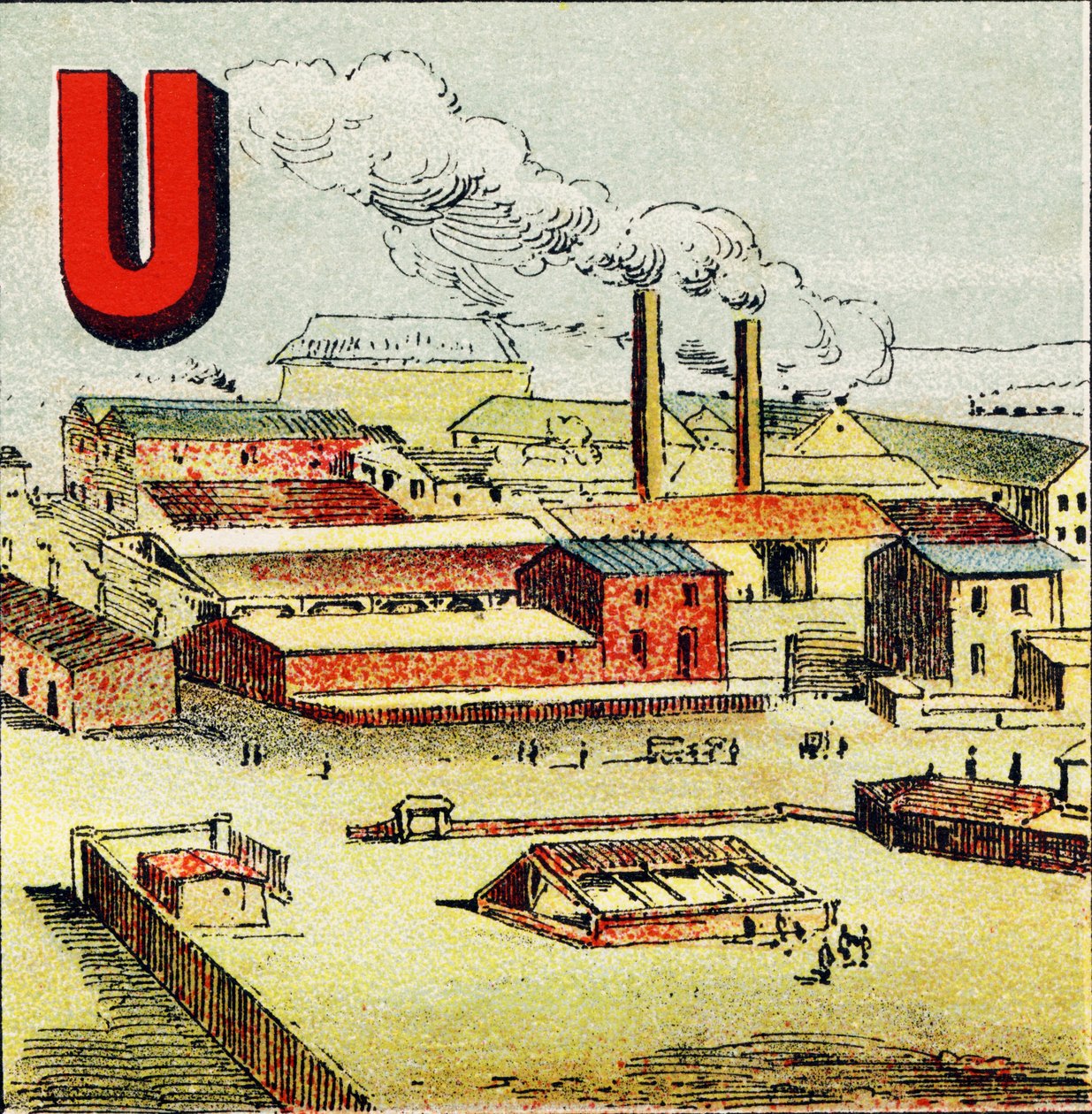 U: Gyári. A gyár egy hatalmas gyár, ahol nagyszámú gép található; mint a Le Creusot gigantikus gyárában – Földrajzi ábécéből kivont metszet. Guerin-Muller et Cie, kiadók, Párizs alkotó: Unbekannt