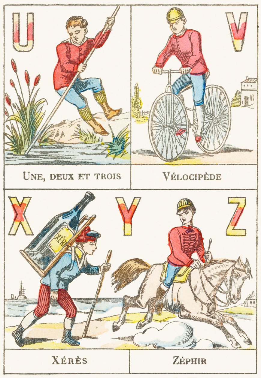 U V X Y Z; U: Egy, kettő és három; V: Velocipede; X: sherry; Z: Zephir – Játékábécé, 1890 körül (metszet) alkotó: Unbekannt